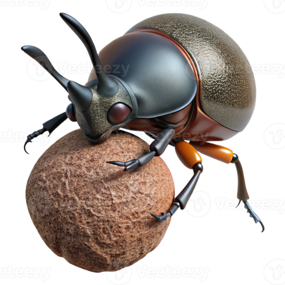 beautiful artistic A rhinoceros beetle pushing a ball of dung, close-up macro photography, natural lighting high resolution png