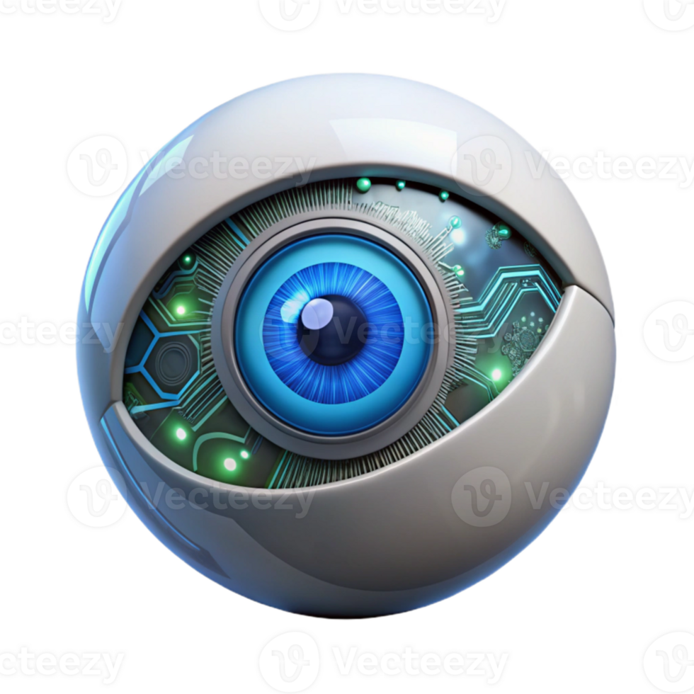 stunning abstract A cybernetic eye, iris glowing with digital data, intricate circuitry visible, cyberpunk and biomechanical style high resolution png