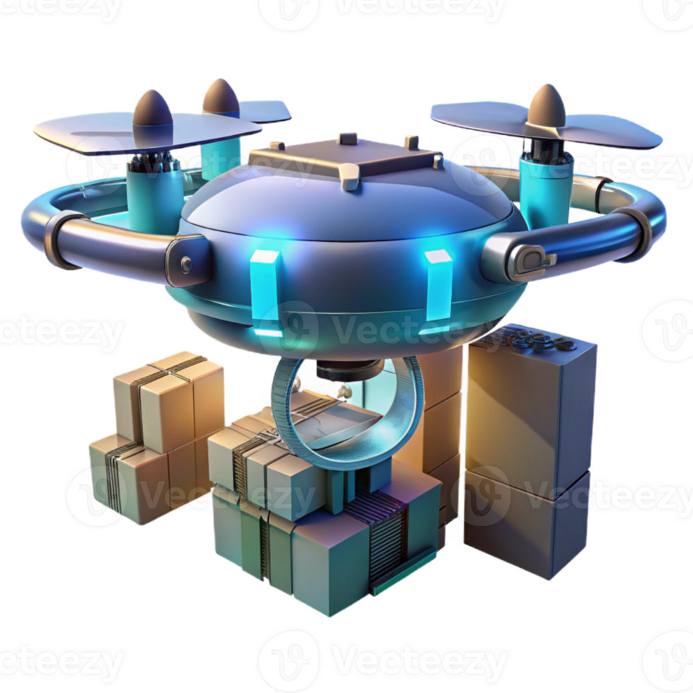 elegant modern A futuristic drone delivering a package, sleek design with glowing lights, flying through a cityscape, cyberpunk style detailed png