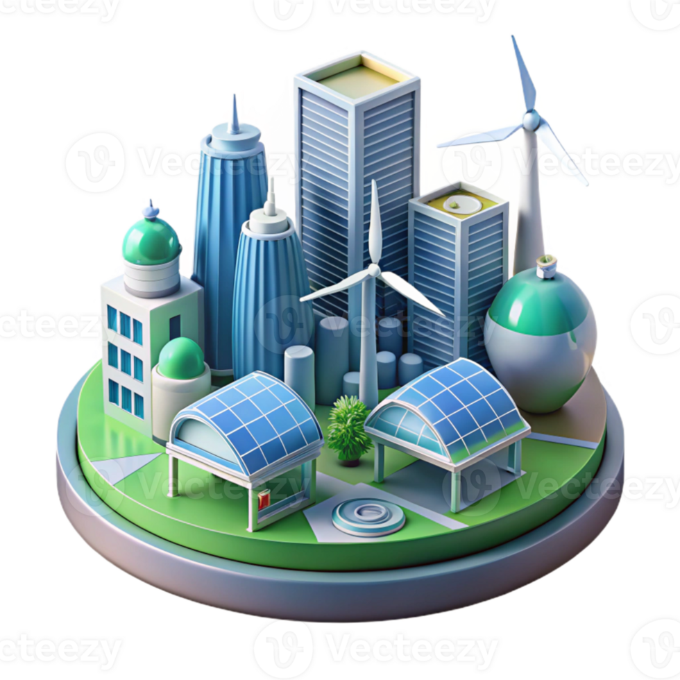 extraordinary creative A futuristic city powered by renewable energy, wind turbines and solar panels visible, utopian and environmentally friendly style high quality png