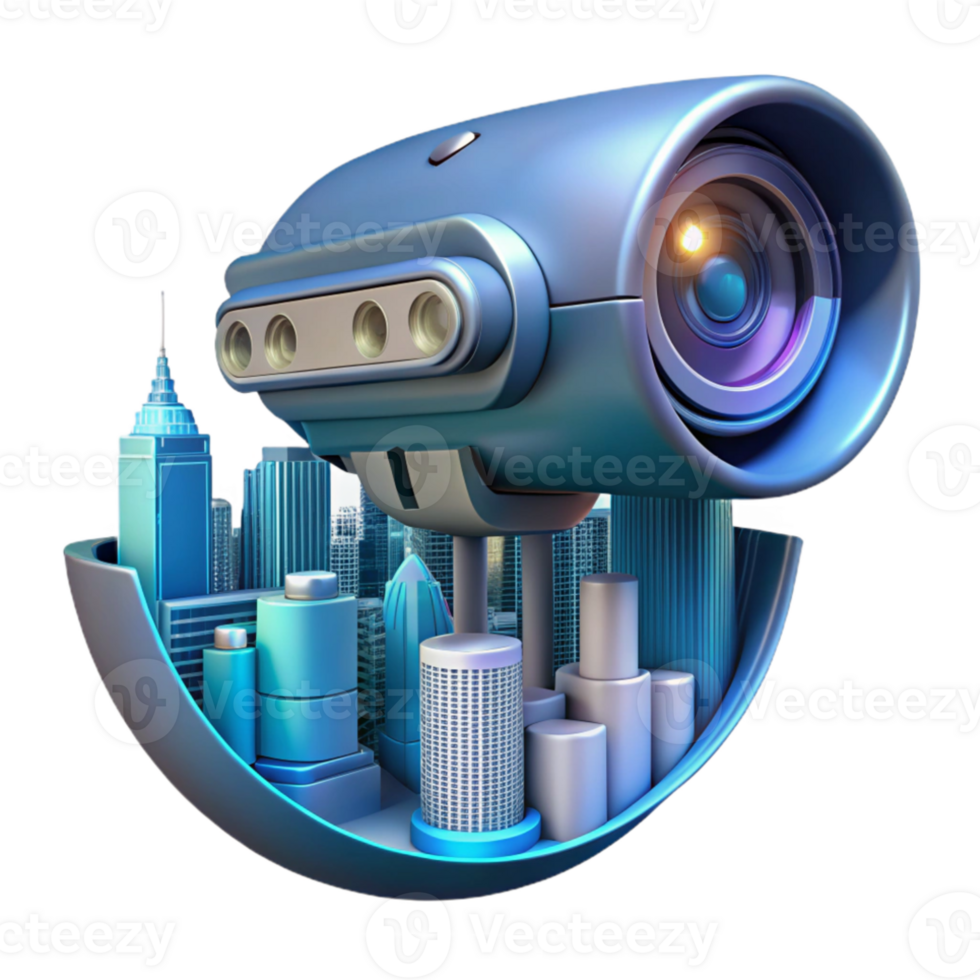 dramatic traditional A futuristic security camera, scanning a cityscape, surveillance and cyberpunk style exclusive png