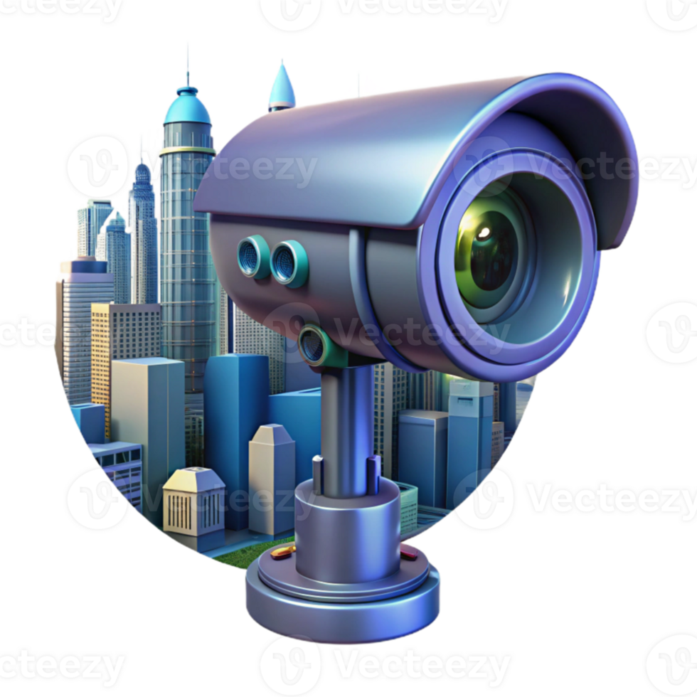 impressive contemporary A futuristic security camera, scanning a cityscape, surveillance and cyberpunk style professional png