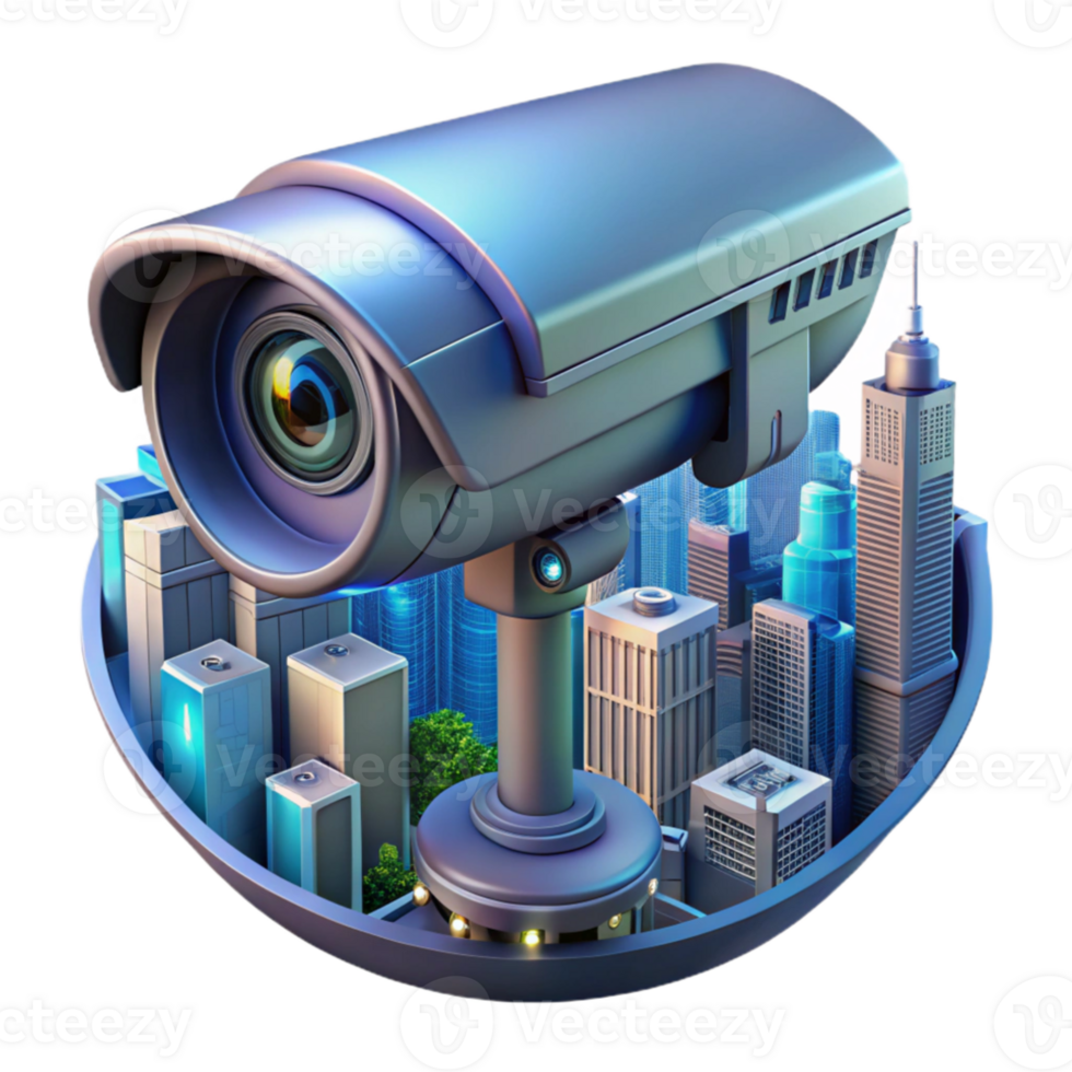 dramatic classic A futuristic security camera, scanning a cityscape, surveillance and cyberpunk style professional png