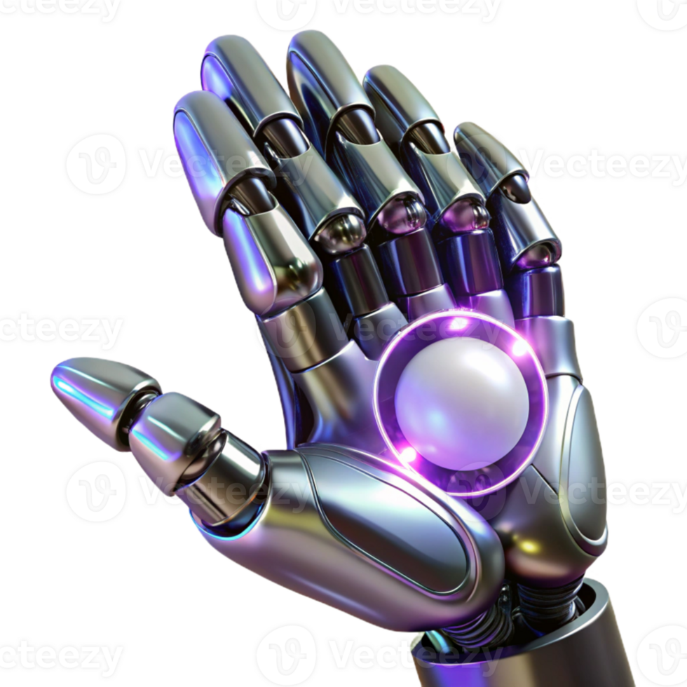 serene rustic A robotic hand, chrome and intricately detailed, reaching out towards a glowing orb of energy. Cyberpunk style, neon lighting professional png
