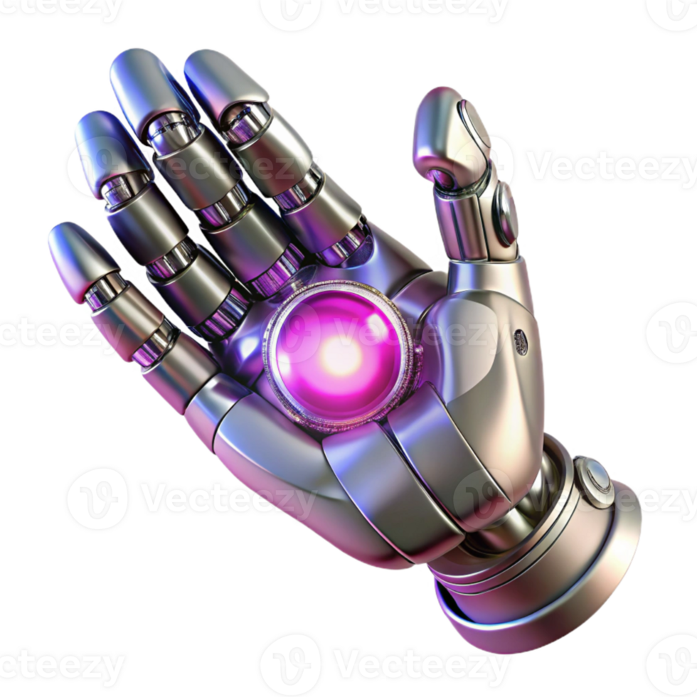 beautiful artistic A robotic hand, chrome and intricately detailed, reaching out towards a glowing orb of energy. Cyberpunk style, neon lighting high quality png