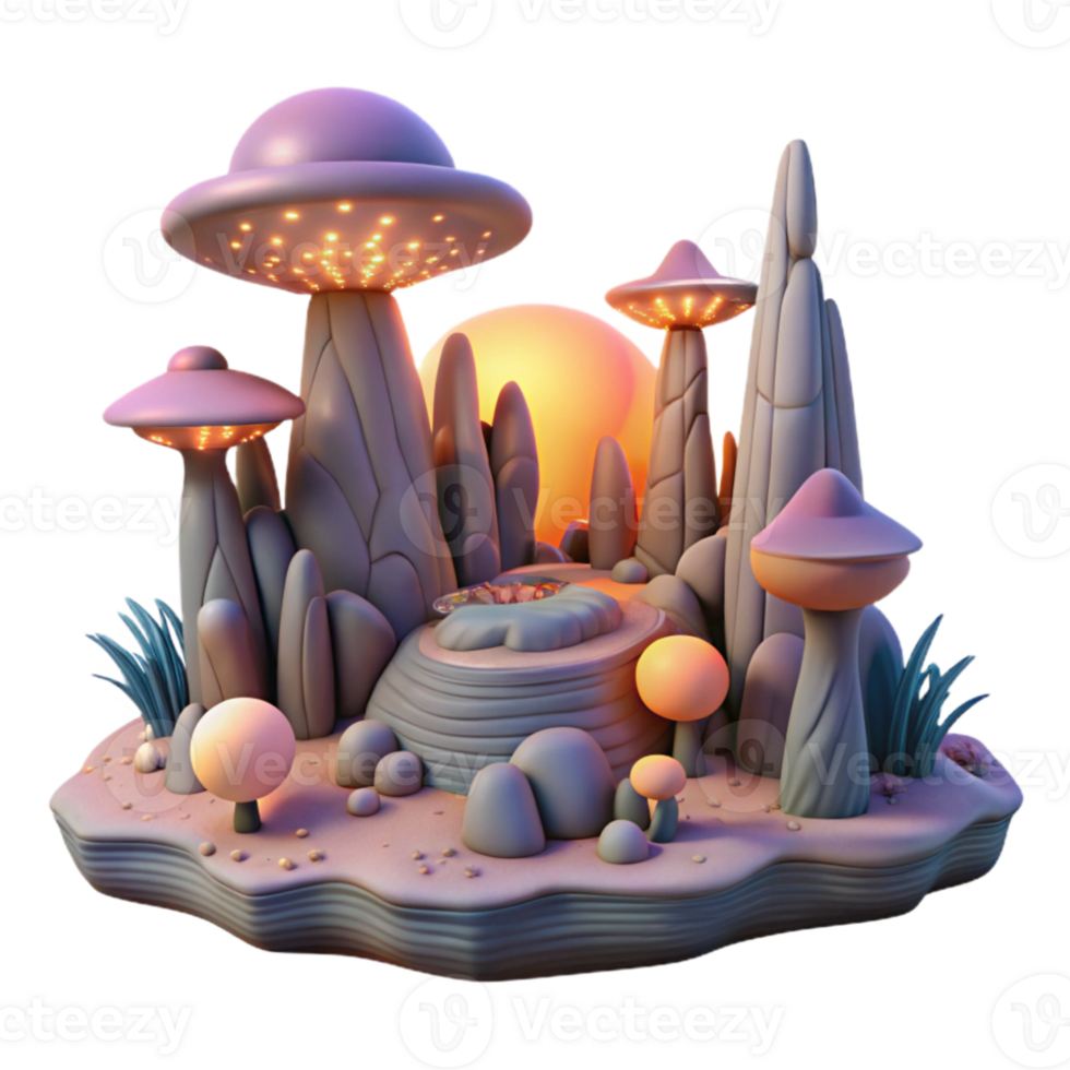 elegant traditional An alien landscape, strange rock formations and glowing plants, a double sunset in the sky. Surreal, otherworldly lighting genuine png