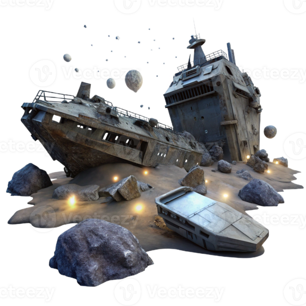 elegant classic A spaceship graveyard, derelict vessels floating in the emptiness of space, faint starlight illuminating their decaying hulls. Dark sci-fi, eerie lighting genuine png