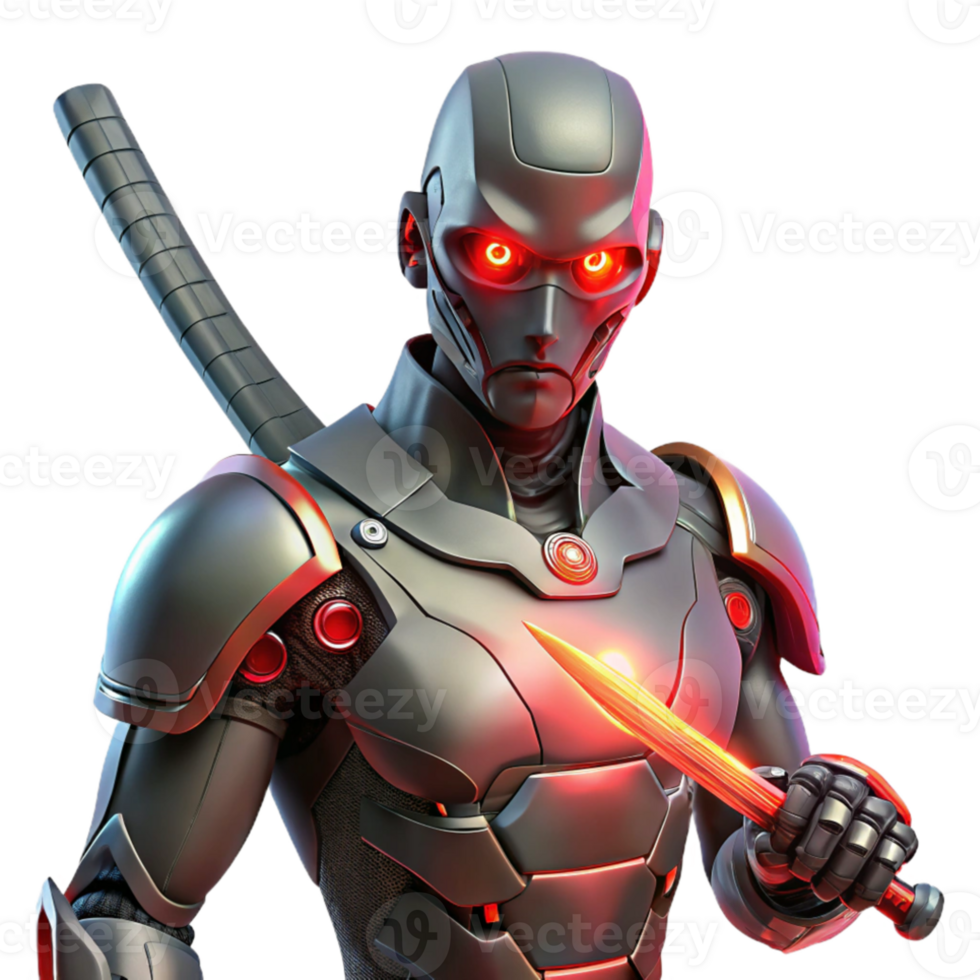 vibrant creative A cyborg with glowing red eyes, holding a futuristic katana, intricate circuitry visible beneath their damaged skin. Cyberpunk style, cinematic lighting authentic png