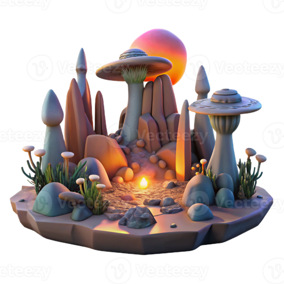 wonderful creative An alien landscape, strange rock formations and glowing plants, a double sunset in the sky. Surreal, otherworldly lighting authentic png