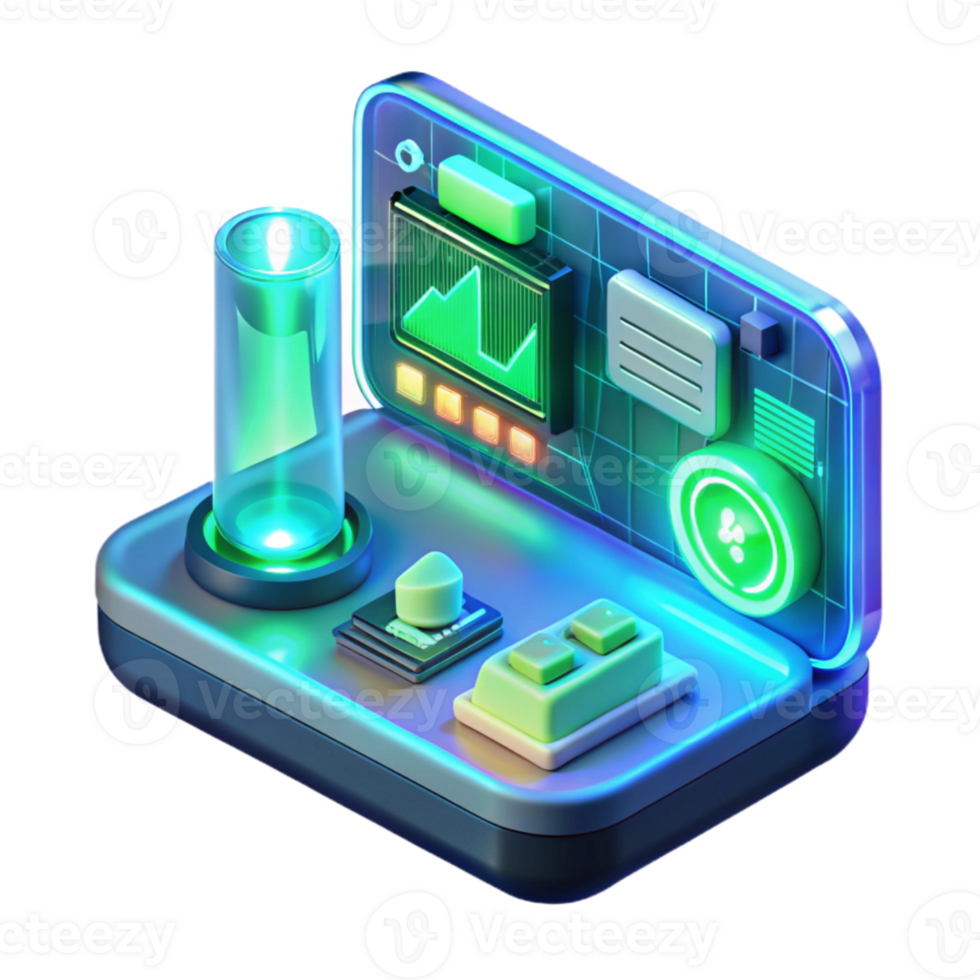 beautiful artistic A holographic interface, displaying complex data and diagrams, glowing with blue and green light. Cyberpunk style, neon lighting original png