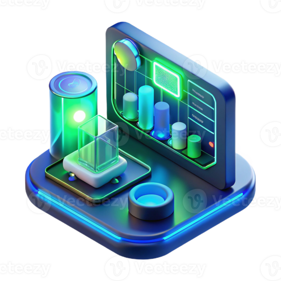 stunning creative A holographic interface, displaying complex data and diagrams, glowing with blue and green light. Cyberpunk style, neon lighting professional png