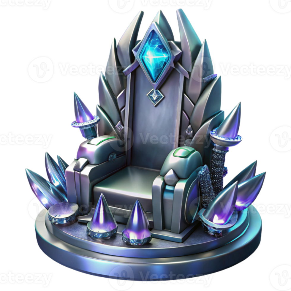 impressive contemporary A futuristic throne, made of polished metal and glowing crystals, intricate carvings and symbols adorning its surface. Fantasy art, dramatic lighting genuine png