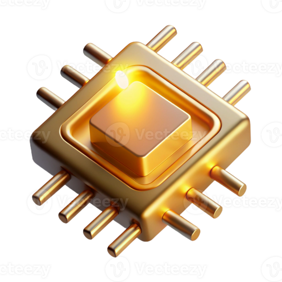 beautiful contemporary A single, levitating microchip emitting beams of golden light, intricate details of its surface visible, lit by a warm, directional light. Photorealistic style original png