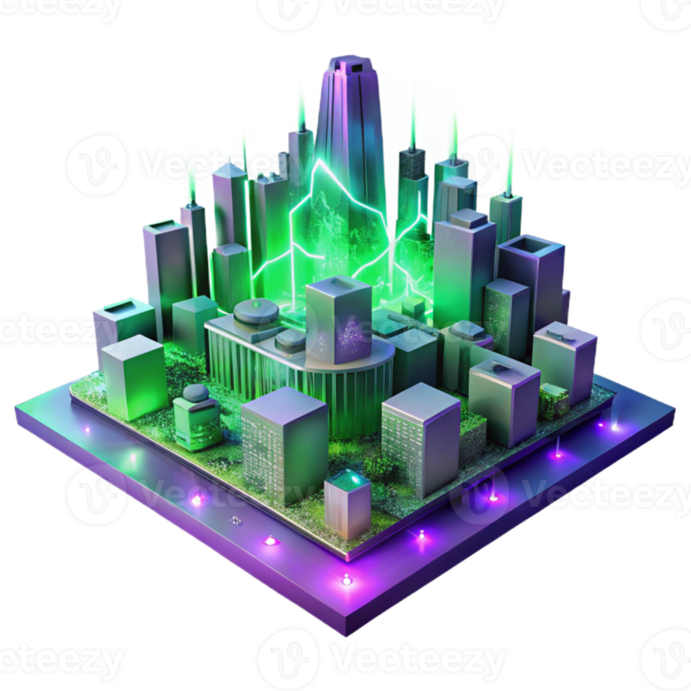dramatic vintage A futuristic cityscape composed entirely of interconnected circuit boards and glowing data streams, illuminated by a vibrant purple and green aurora. Cyberpunk style authentic png