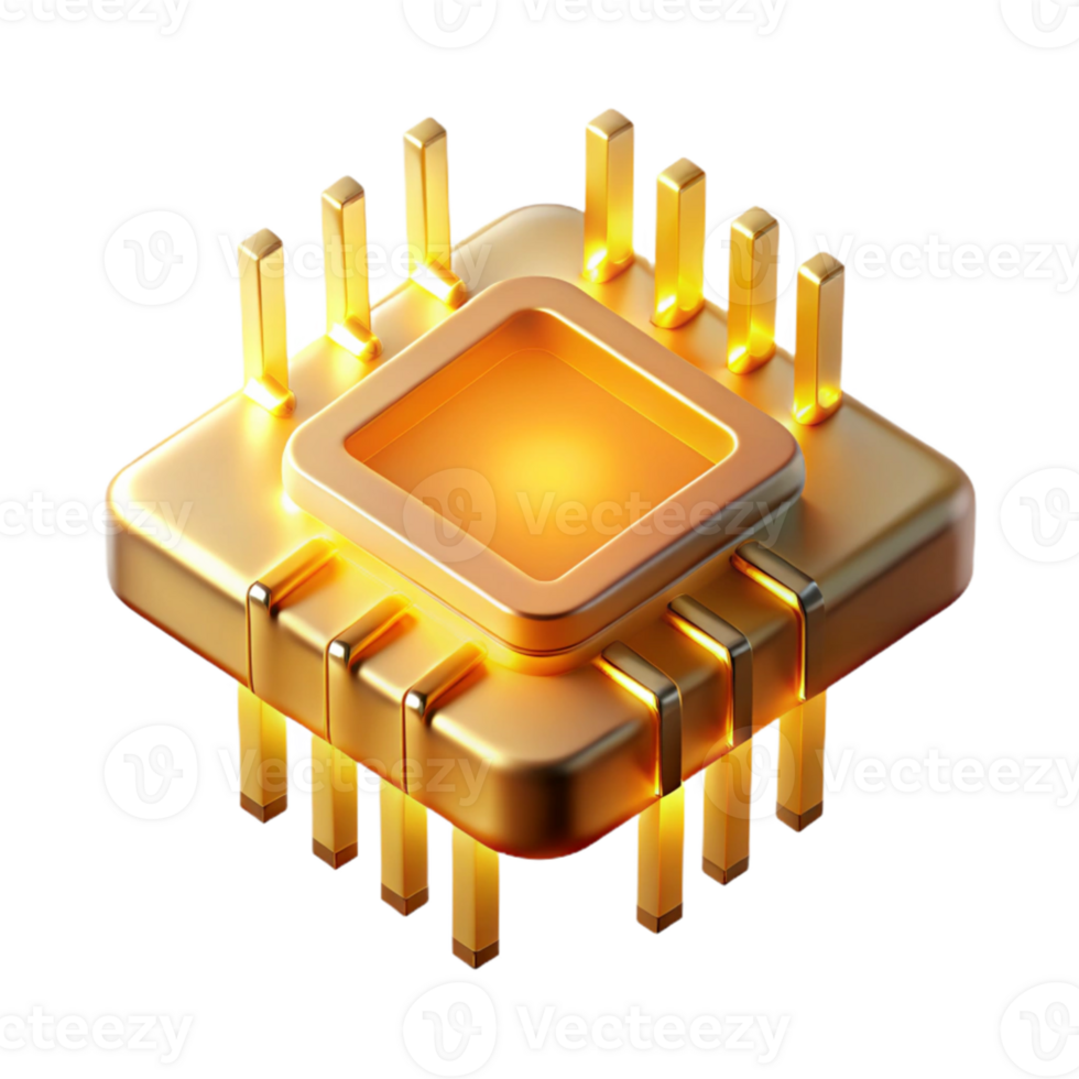 serene creative A single, levitating microchip emitting beams of golden light, intricate details of its surface visible, lit by a warm, directional light. Photorealistic style high quality png