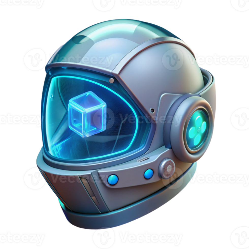 vibrant vintage A transparent, futuristic helmet with a HUD display showing complex data visualizations, lit from within by a cool blue light. Cyberpunk style genuine png
