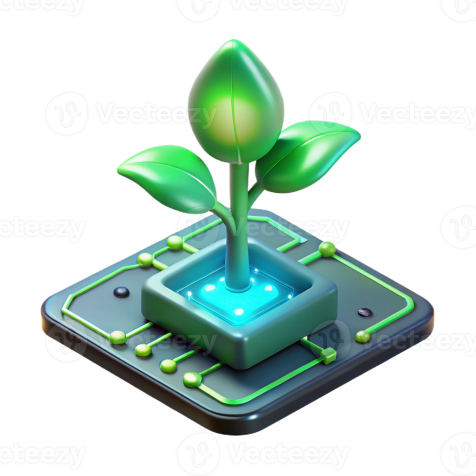 extraordinary minimalist A single, bioluminescent plant growing from a circuit board, emitting a soft green glow, lit by a dim, ambient light. Biopunk style original png