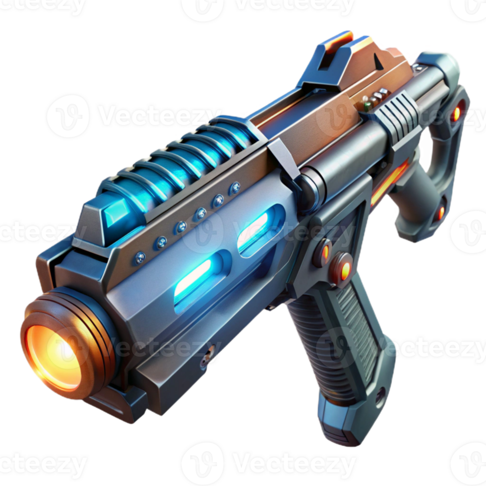 dramatic contemporary A close-up of a futuristic weapon, intricate engravings and glowing energy cells visible, lit by a harsh, directional light. Cyberpunk style high resolution png