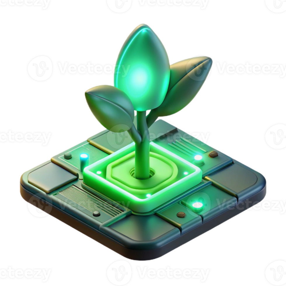 magnificent contemporary A single, bioluminescent plant growing from a circuit board, emitting a soft green glow, lit by a dim, ambient light. Biopunk style premium png
