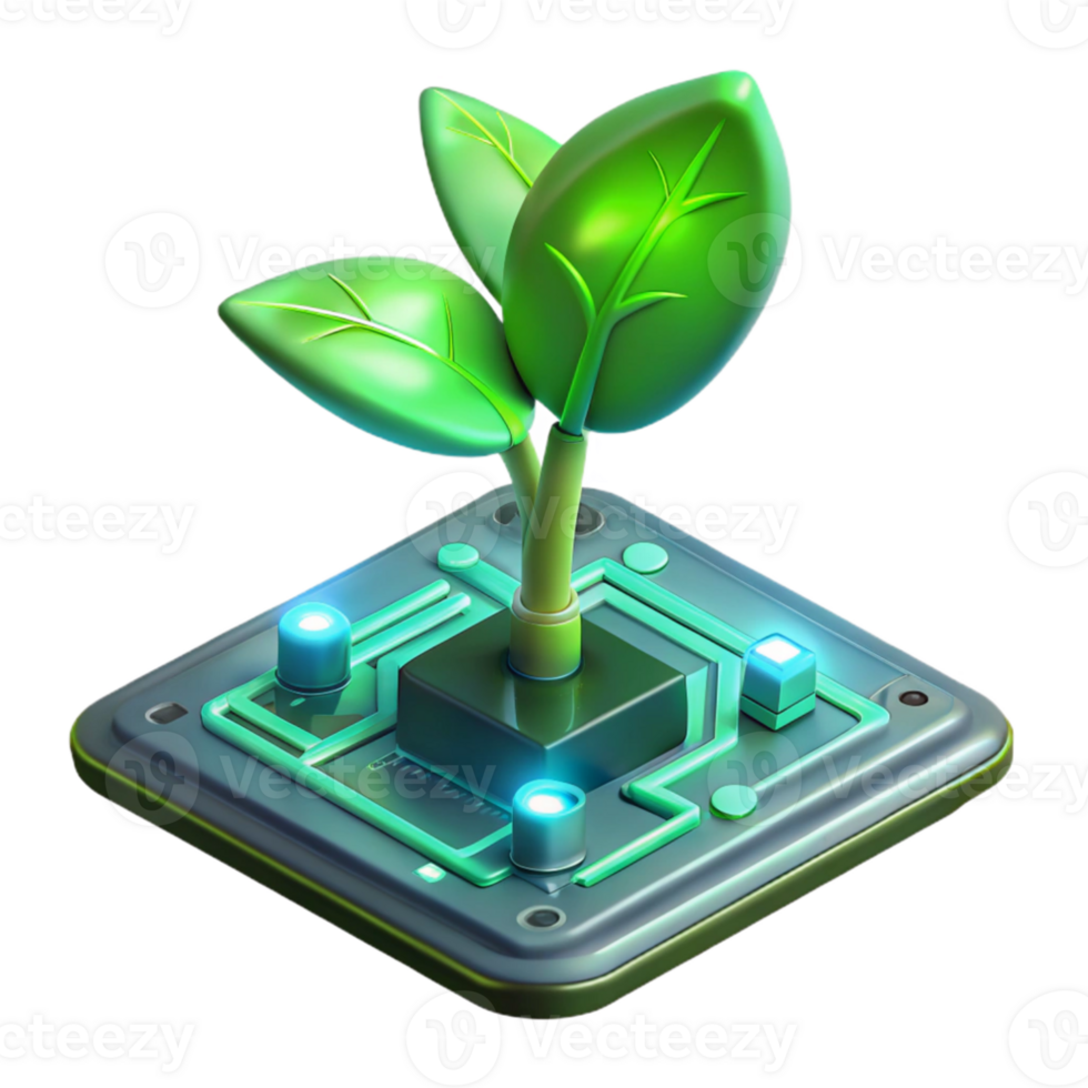 vibrant classic A single, bioluminescent plant growing from a circuit board, emitting a soft green glow, lit by a dim, ambient light. Biopunk style genuine png