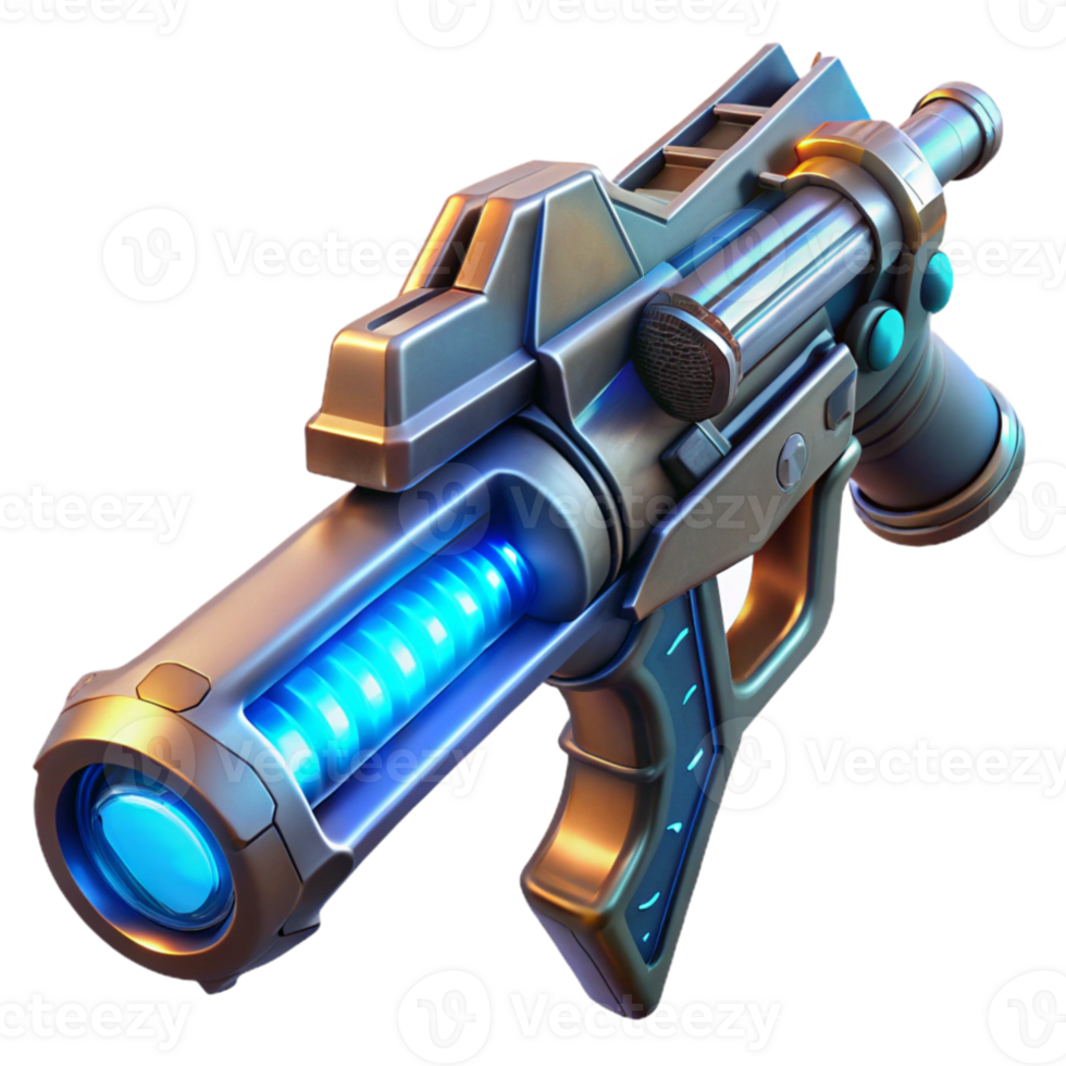 impressive contemporary A close-up of a futuristic weapon, intricate engravings and glowing energy cells visible, lit by a harsh, directional light. Cyberpunk style high quality png