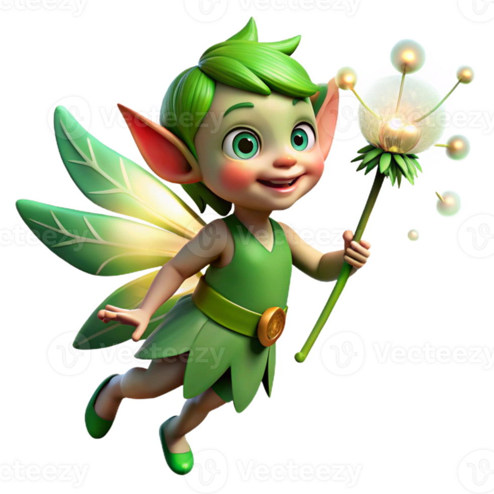 stunning traditional A mischievous pixie with glowing emerald eyes, holding a dandelion seedhead, surrounded by swirling fireflies. Soft lighting, whimsical style detailed png