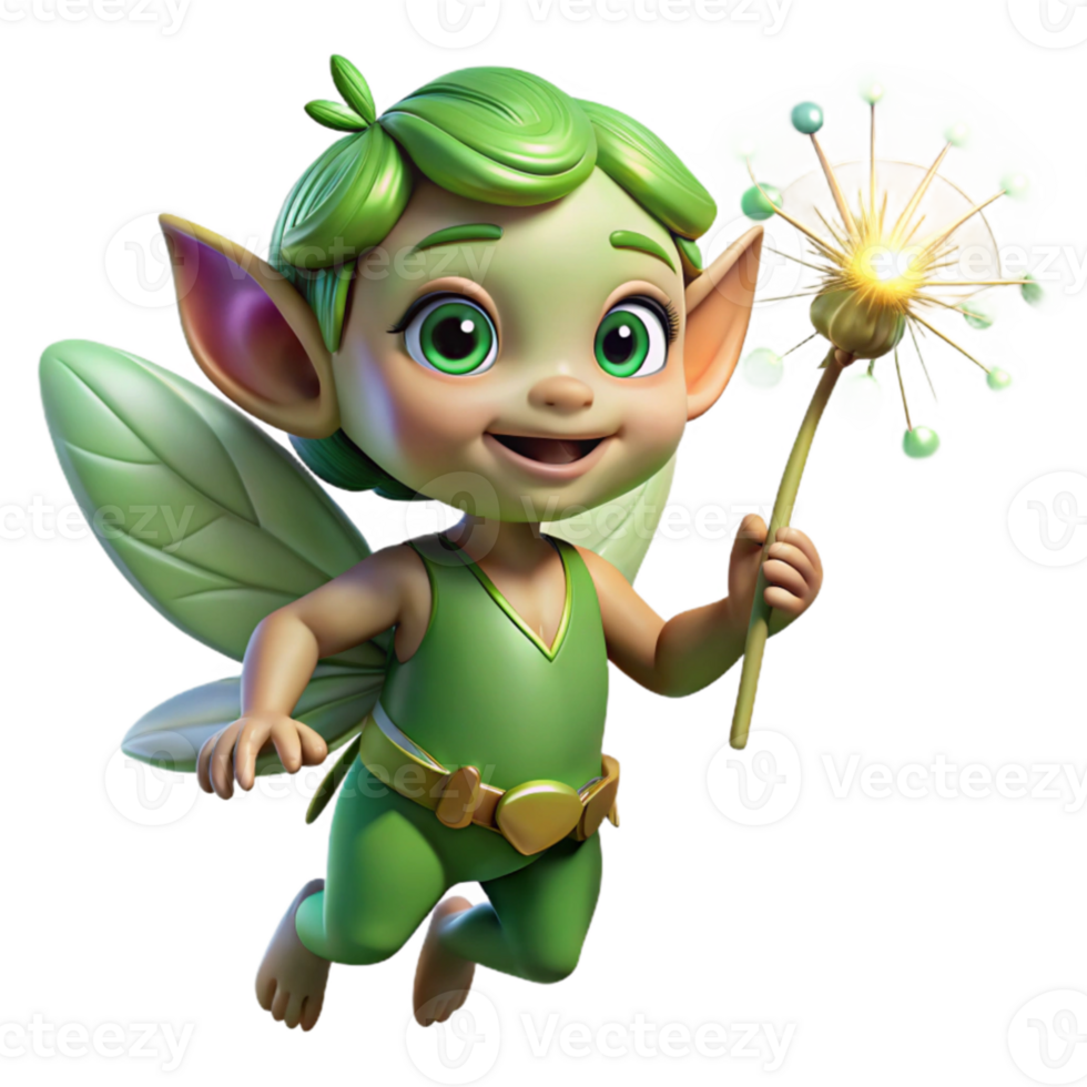 extraordinary creative A mischievous pixie with glowing emerald eyes, holding a dandelion seedhead, surrounded by swirling fireflies. Soft lighting, whimsical style exclusive png