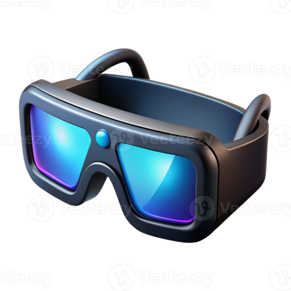 beautiful artistic A pair of augmented reality glasses displaying a virtual interface, sleek black design, soft blue light emanating from the lenses, product photography style high quality png