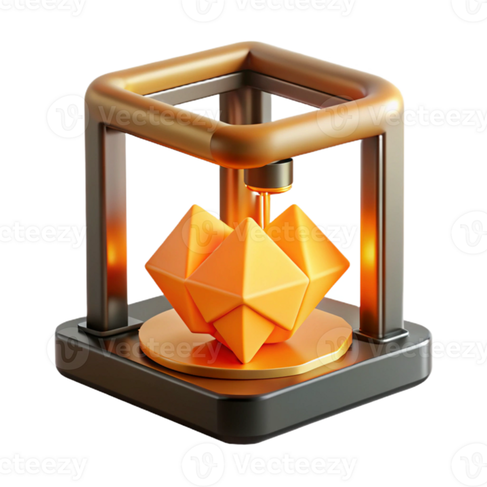dramatic abstract A 3D printer creating a complex geometric shape, molten plastic glowing orange, industrial design style premium png