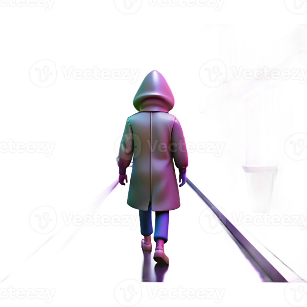 impressive abstract A solitary figure in a hooded raincoat walking through a neon-drenched alleyway, rain reflecting the vibrant colors, a sense of mystery and intrigue exclusive png