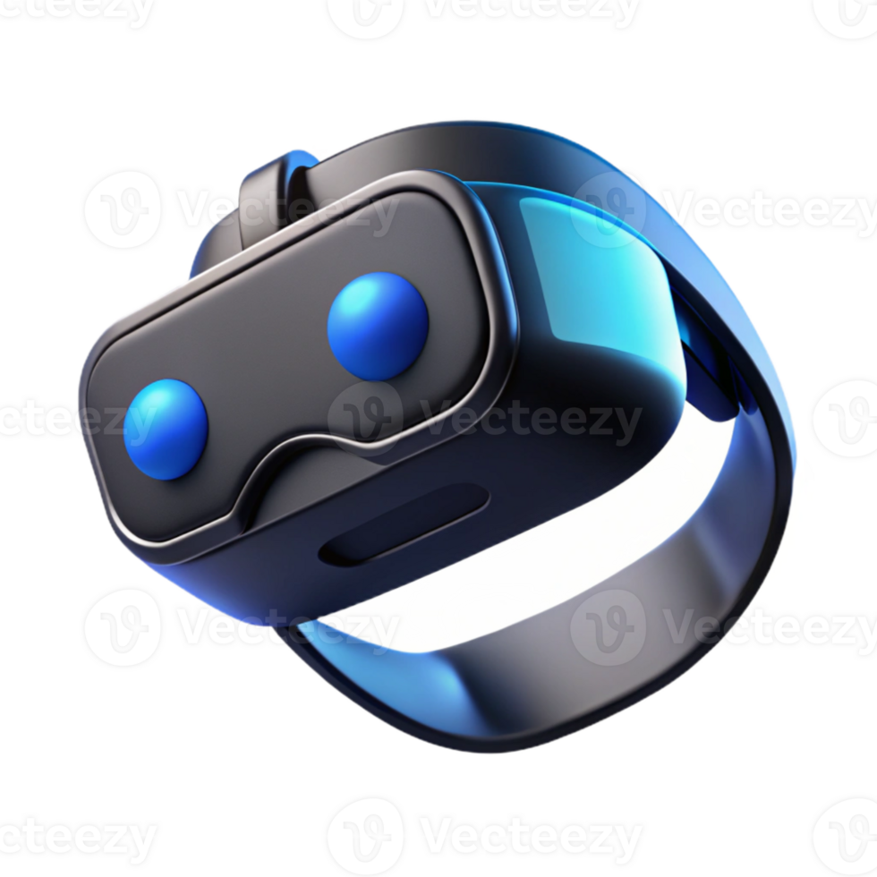 impressive modern A virtual reality headset floating in mid-air, sleek black design, soft blue light emanating from the lenses, product photography style high quality png