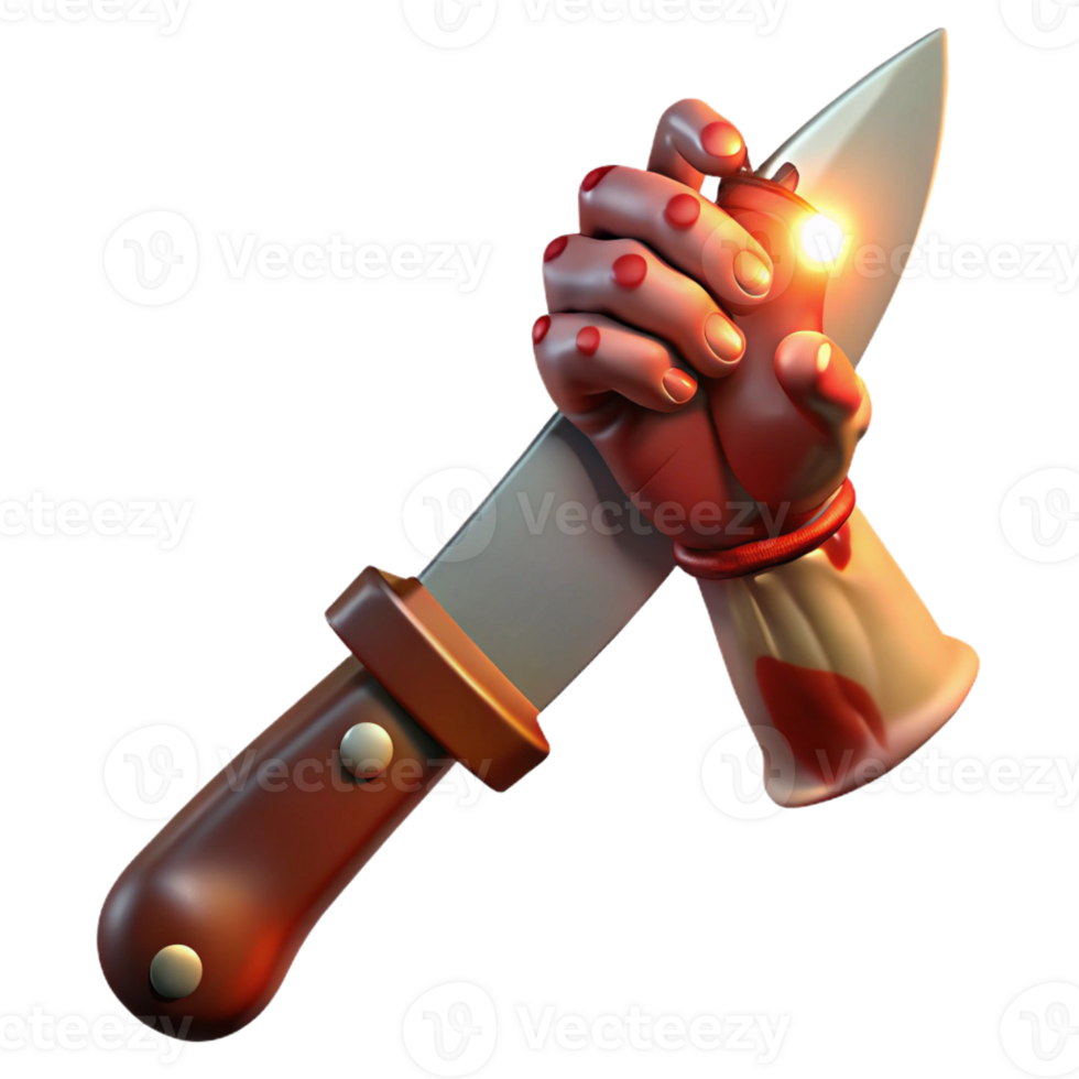 impressive vintage A twisted, skeletal hand holding a rusty, bloodstained knife, lit by a single, harsh spotlight. Slasher horror style 4K png