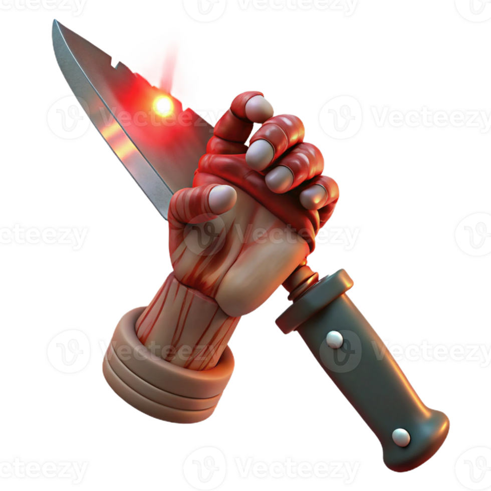 vibrant abstract A twisted, skeletal hand holding a rusty, bloodstained knife, lit by a single, harsh spotlight. Slasher horror style detailed png