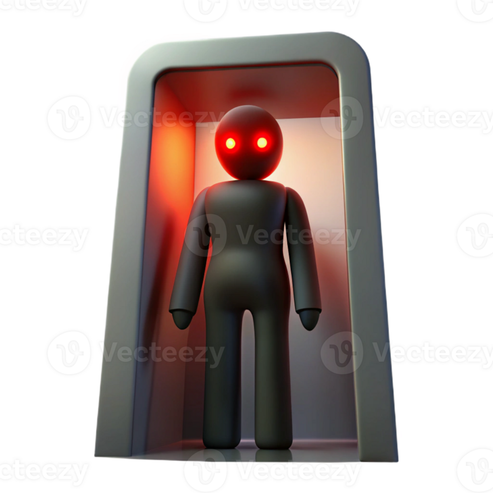 impressive abstract A shadowy figure with glowing red eyes standing in a doorway, silhouetted against a bright light. Suspense horror style 4K png