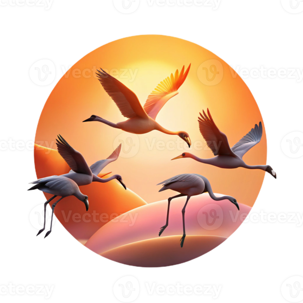 magnificent modern A flock of flamingos taking flight, silhouette against a vibrant sunrise, minimalist style original png