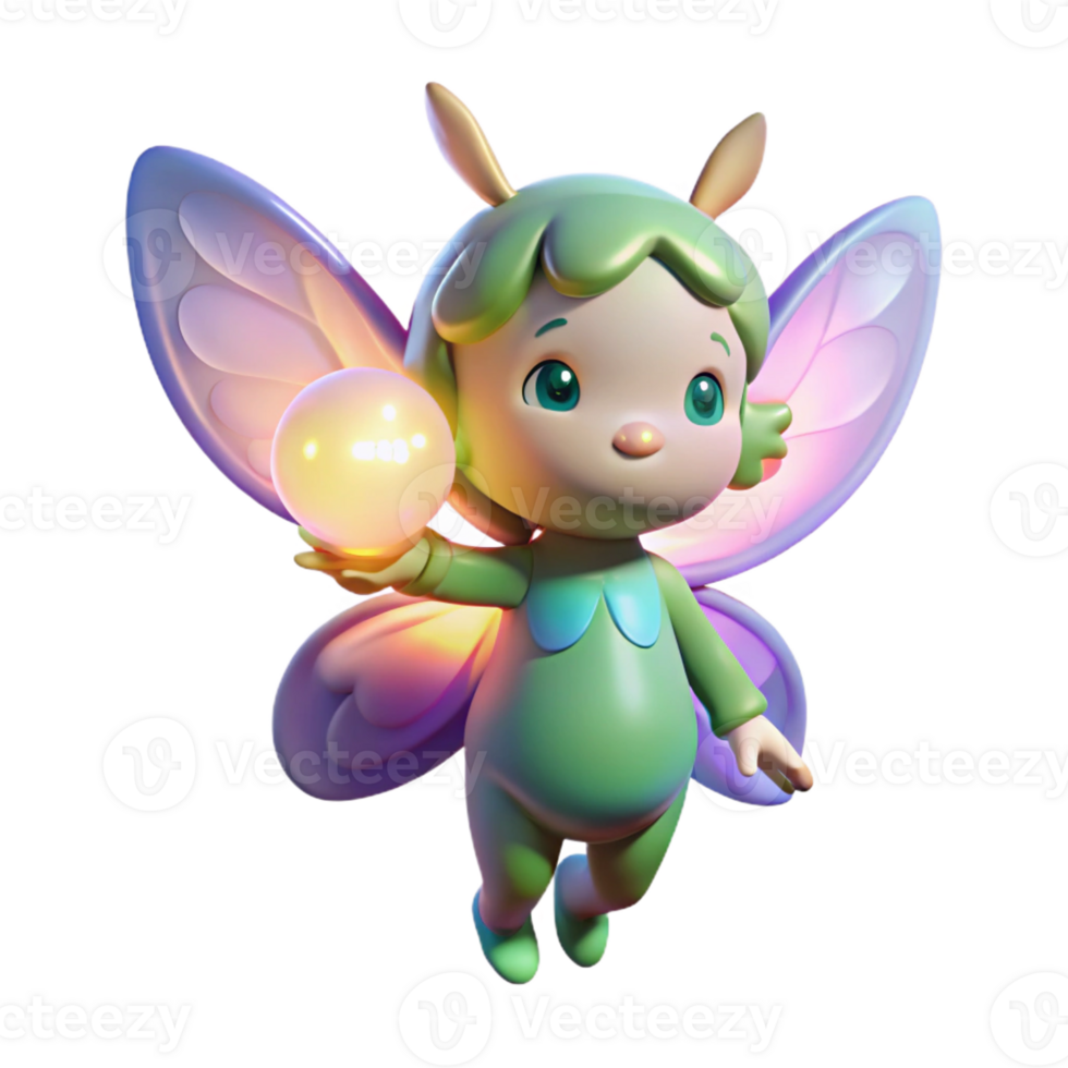 impressive artistic A tiny sprite with iridescent butterfly wings, carrying a glowing orb of sunlight, under a soft morning glow, in a whimsical children's book illustration style professional png