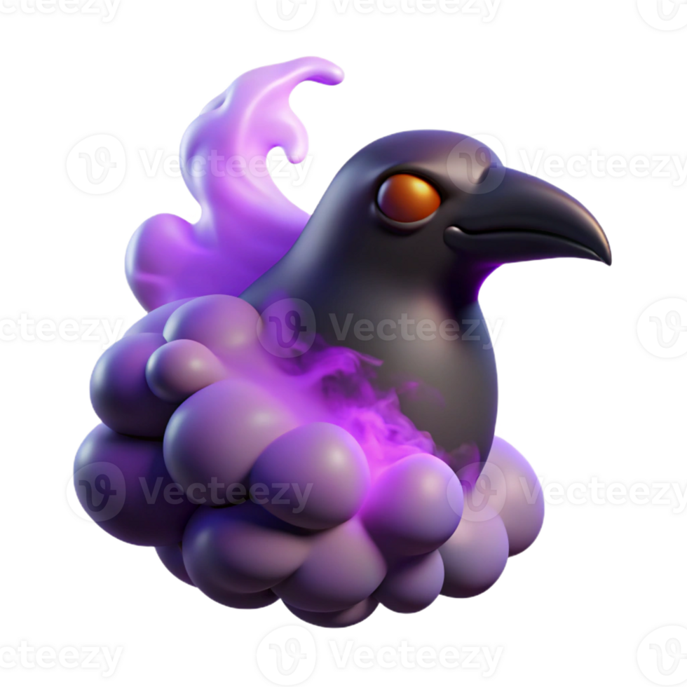 serene minimalist A wisp of smoke forming the silhouette of a raven, imbued with a violet magical glow, under a twilight sky, in a mysterious art style premium png