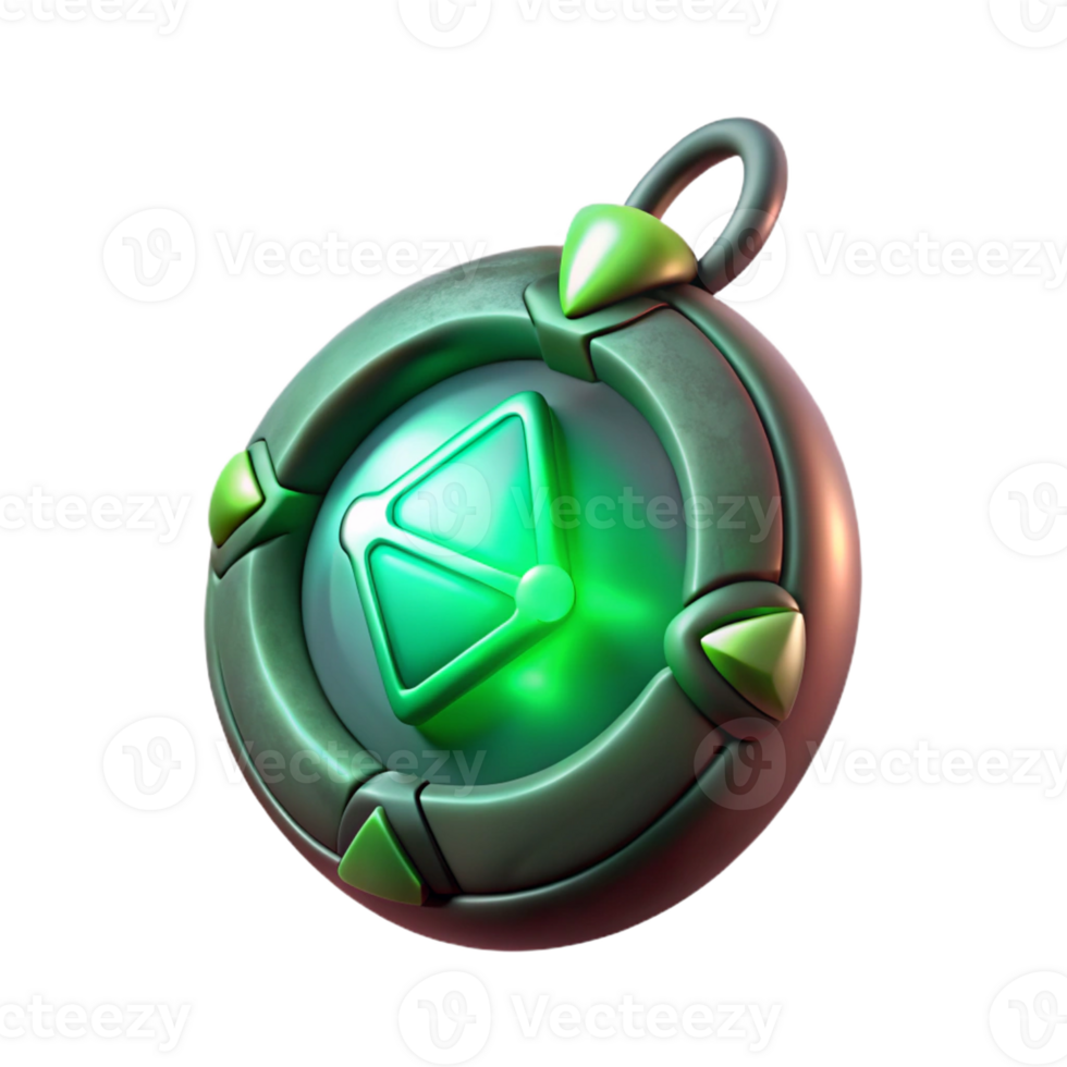 vibrant contemporary A hovering ancient amulet inscribed with glowing runes, emitting a soft green light, under a soft spotlight, in a fantasy RPG art style original png