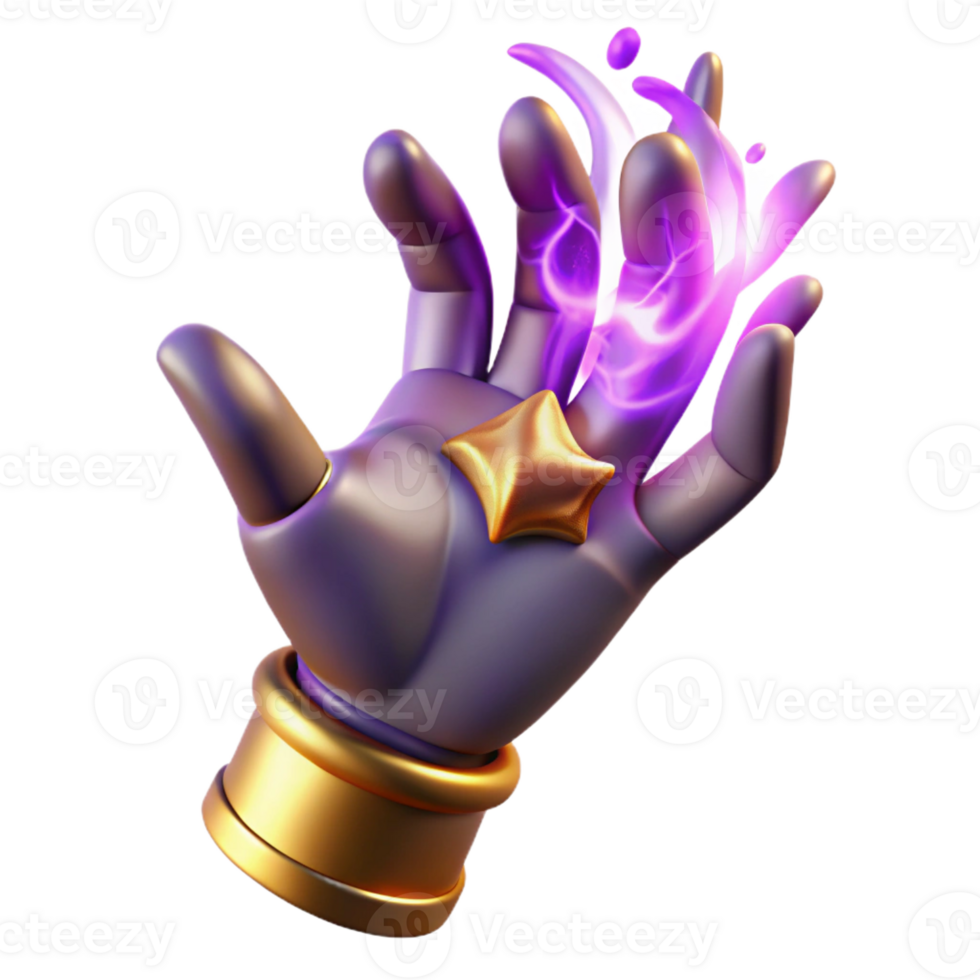 magnificent creative A stylized hand casting a spell, with intricate patterns of gold and purple light emanating from the fingertips, in a graphic design style authentic png