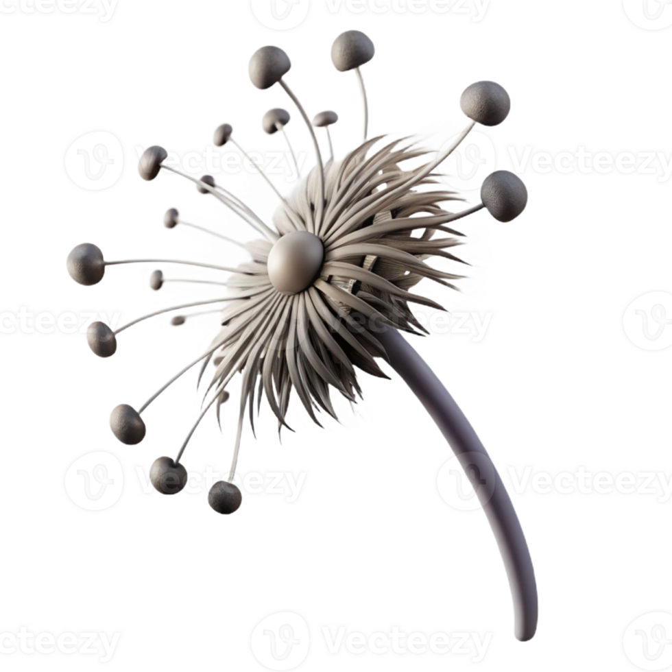 vibrant modern Single dandelion seedhead with seeds blowing in the wind, delicate, minimalist, black and white, authentic png