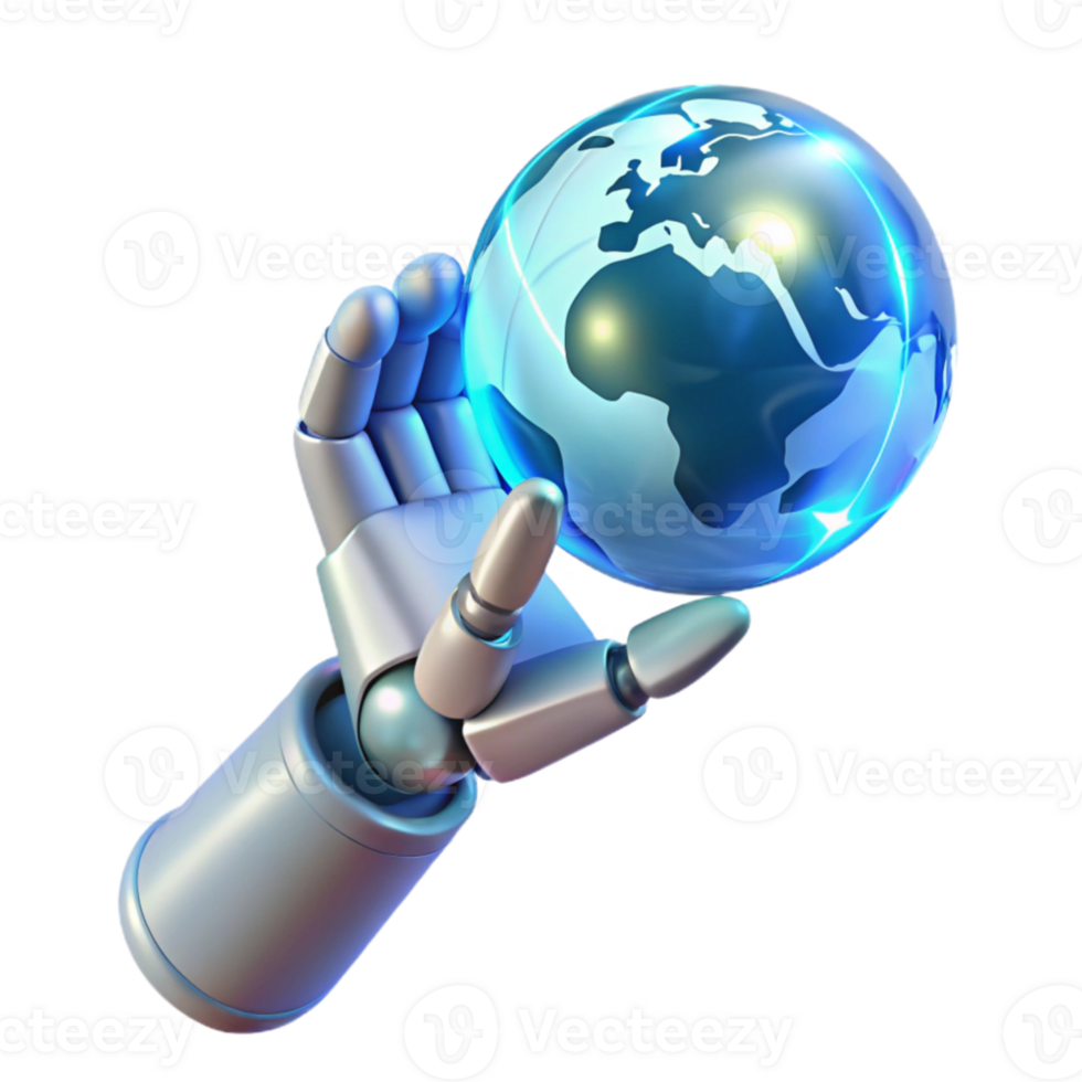 stunning creative A robotic hand reaching out to touch a holographic projection of the Earth, lit by a soft, blue global light. Conceptual, futuristic style genuine png