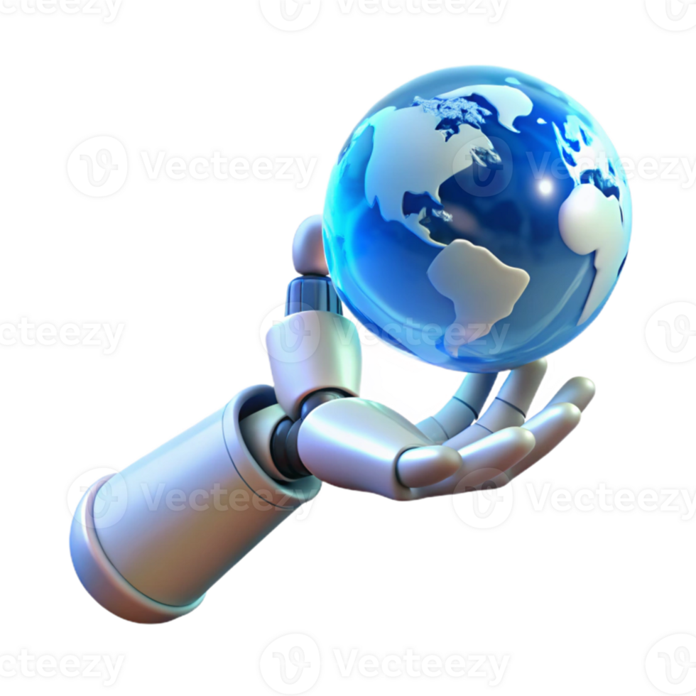 elegant classic A robotic hand reaching out to touch a holographic projection of the Earth, lit by a soft, blue global light. Conceptual, futuristic style high quality png