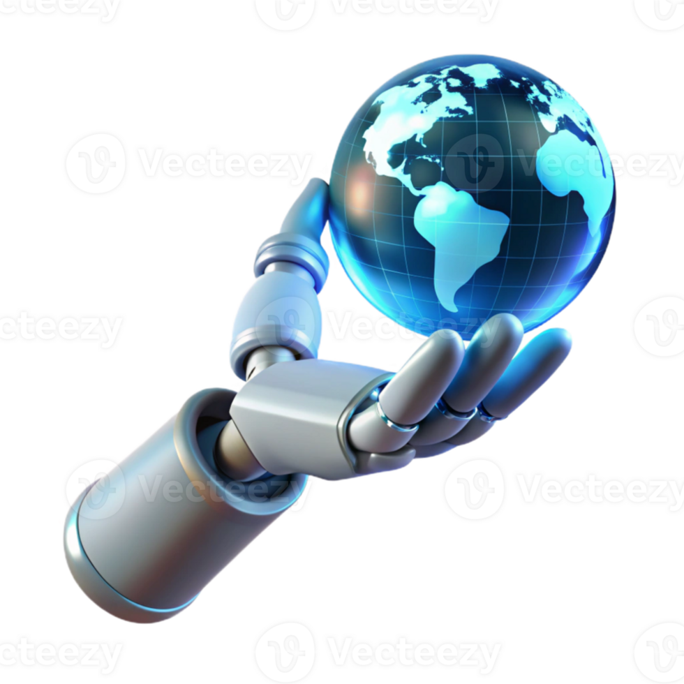 magnificent modern A robotic hand reaching out to touch a holographic projection of the Earth, lit by a soft, blue global light. Conceptual, futuristic style authentic png