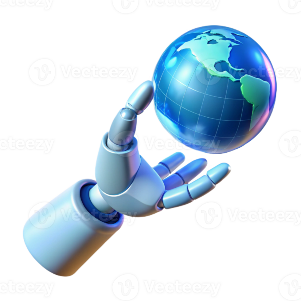 dramatic artistic A robotic hand reaching out to touch a holographic projection of the Earth, lit by a soft, blue global light. Conceptual, futuristic style exclusive png