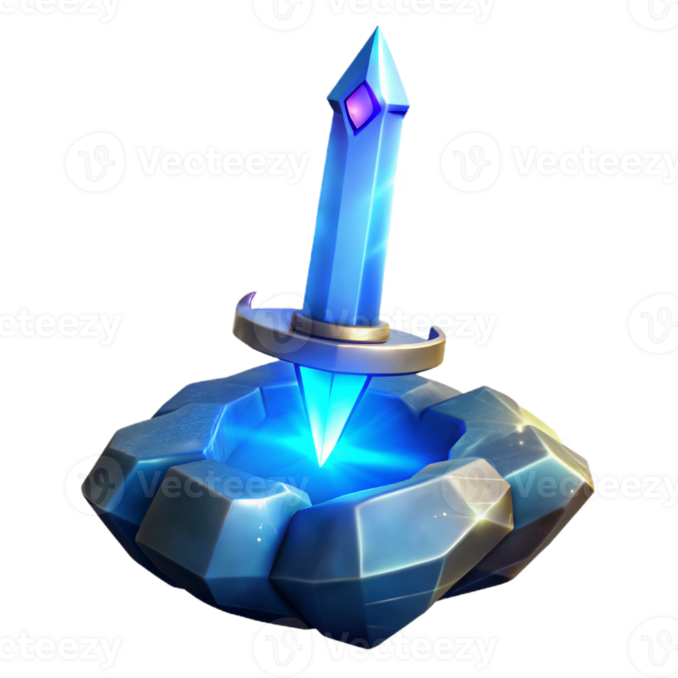 dramatic classic A powerful enchanted sword, embedded in a stone, pulsating with a vibrant blue aura, illuminated by a celestial beam of light. Digital art style high resolution png