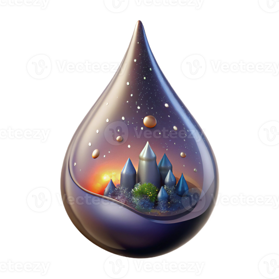 serene rustic A single teardrop containing a miniature city falls through a void of swirling nebulae. Surrealism style, dramatic contrasting light high resolution png
