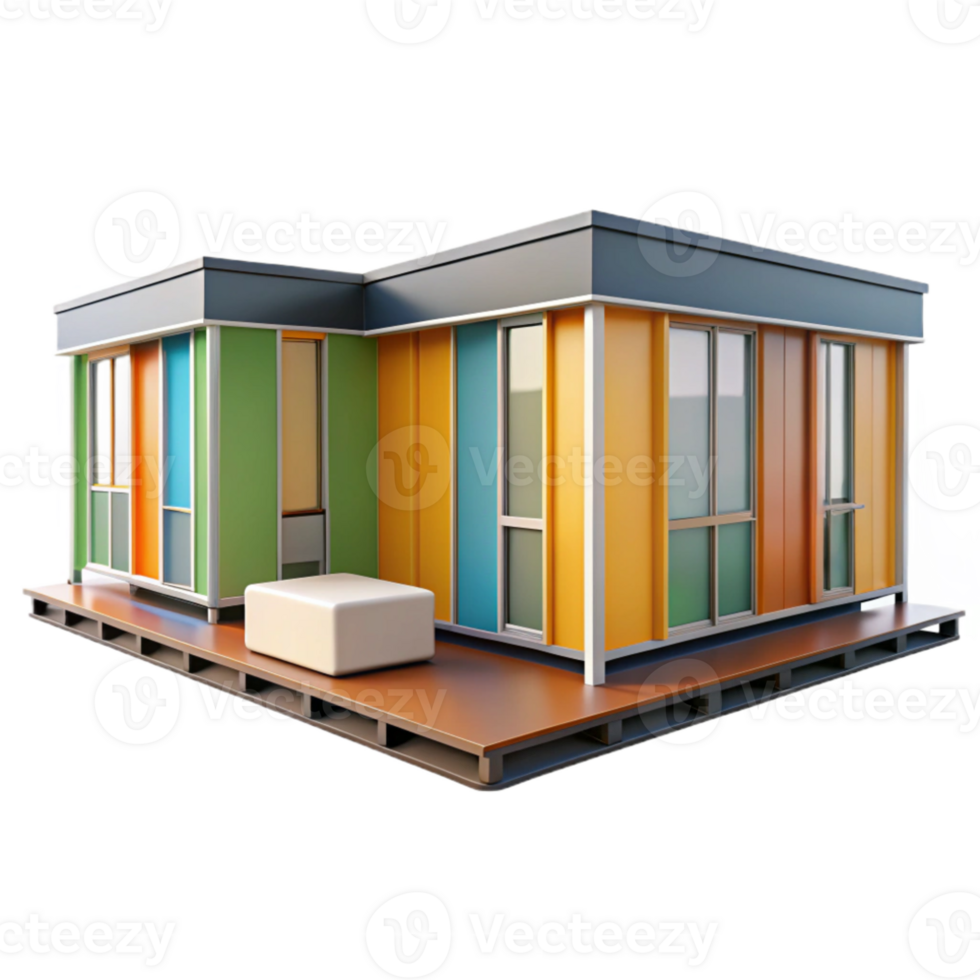 serene modern Prefabricated modular housing units, colorful panels, minimalist design, bright daylight, architectural render high resolution png