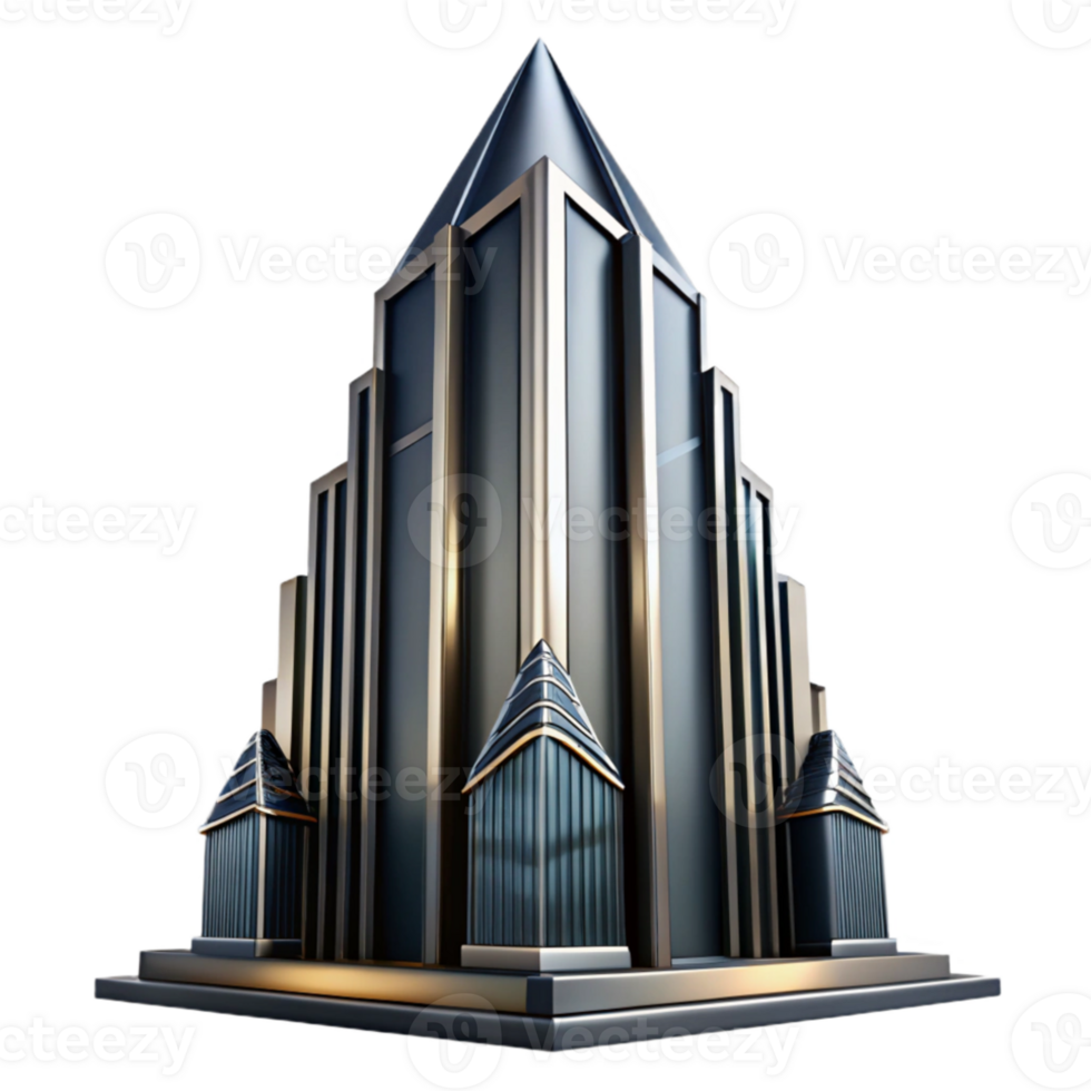 impressive classic Art Deco skyscraper, chrome and black glass, sharp geometric lines, volumetric lighting, high contrast, cinematic render high quality png