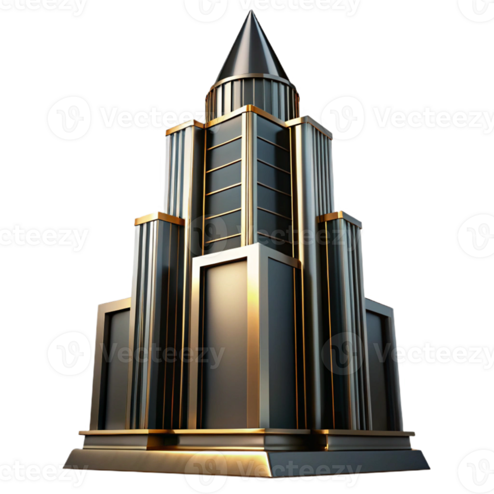 extraordinary vintage Art Deco skyscraper, chrome and black glass, sharp geometric lines, volumetric lighting, high contrast, cinematic render professional png