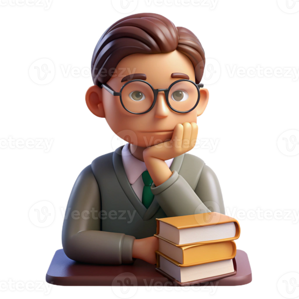 beautiful classic Portrait of a contemplative scholar with spectacles perched on his nose, a thoughtful expression, and a stack of books beside him, lit by warm lamplight exclusive png